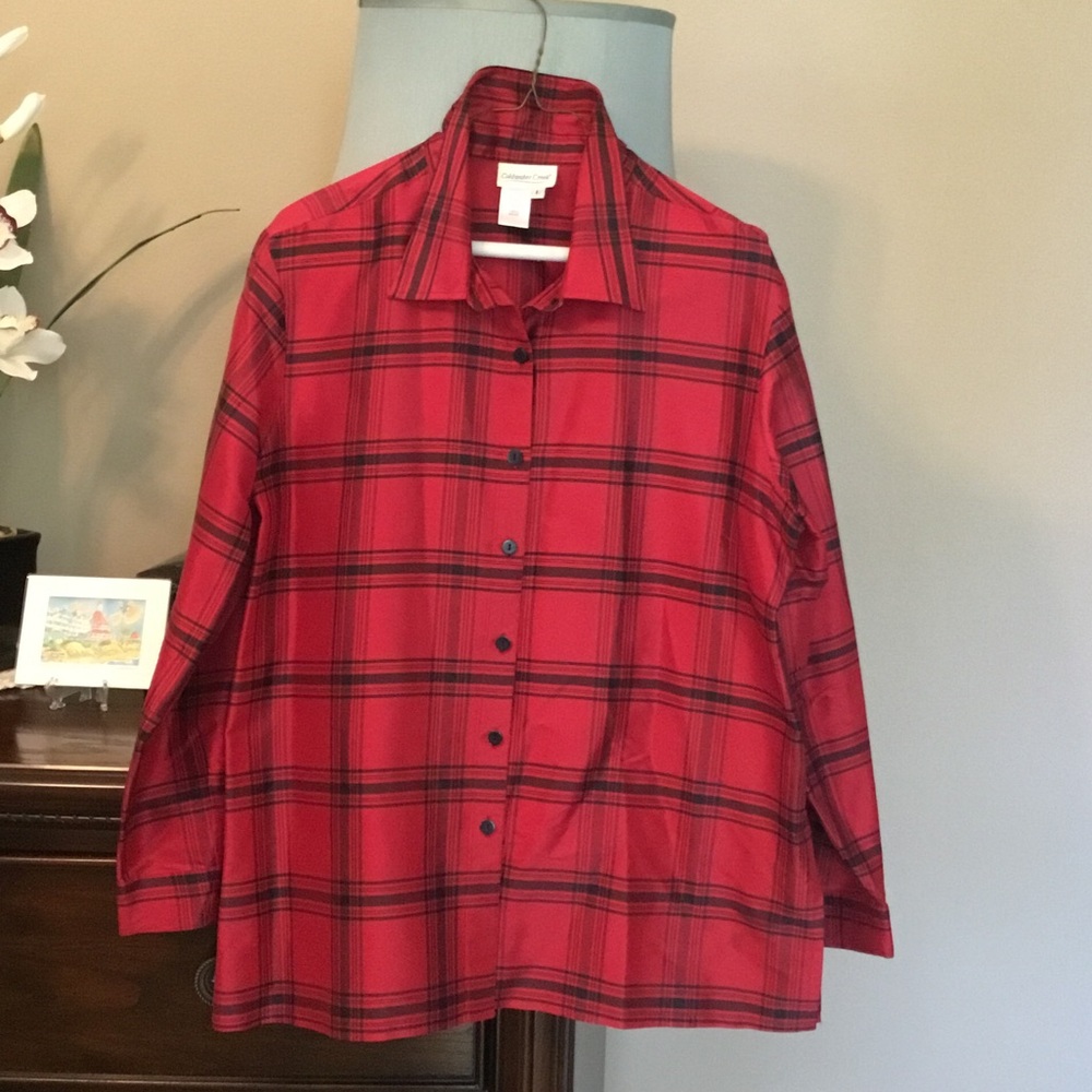 Coldwater Creek-EUC-Vibrant Silk Red and Black Plaid Shirt/Jacket